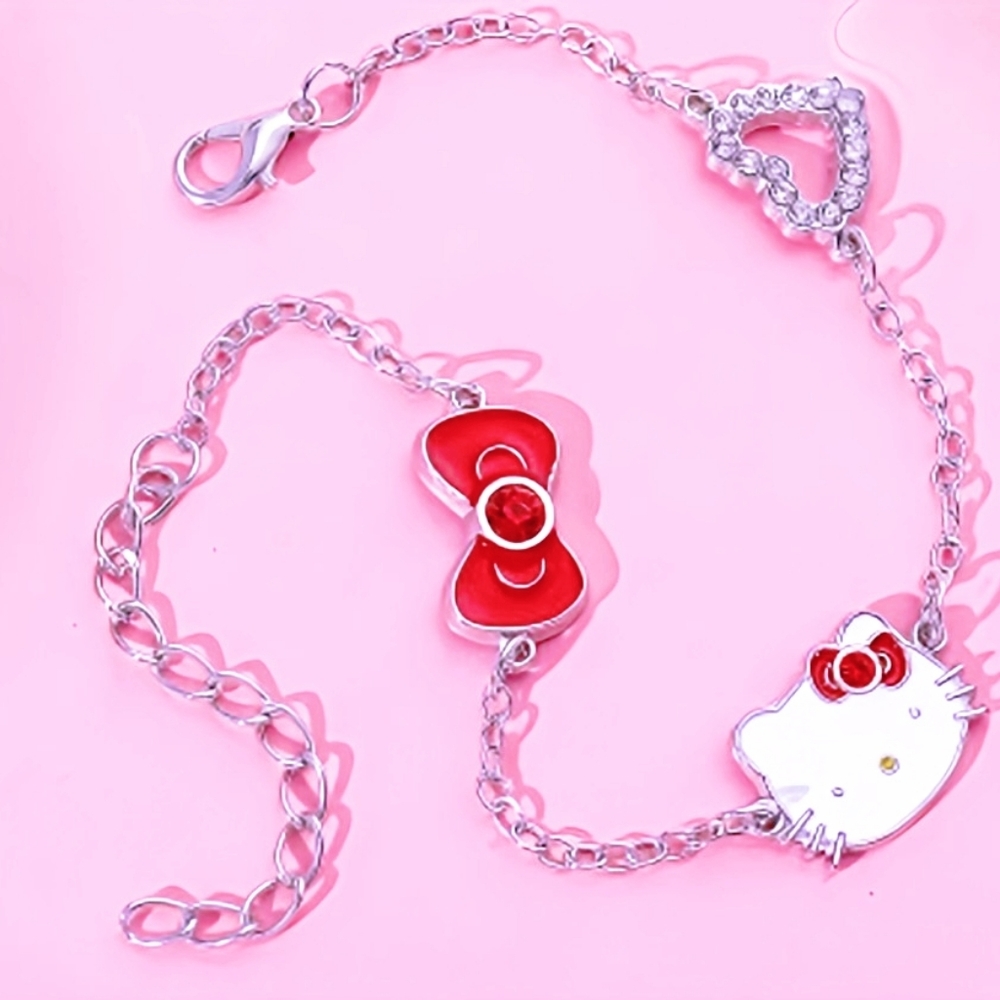 Dainty Hello Kitty Red Bow Bracelet - 23cm (Silver Chain)